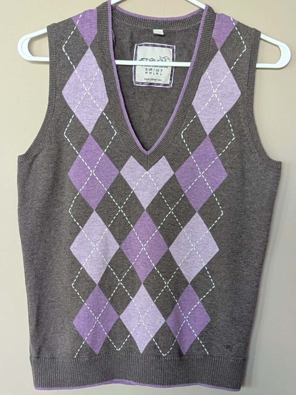 Y2K Vintage Esprit brown and purple argyle V-neck cotton knit sweater vest